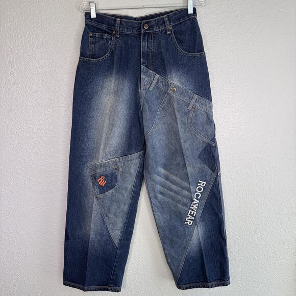 Rocawear Jeans Womens 27 Patchwork Denim Carpenter Baggy Hip Hop Y2K Boys 18? - Picture 1 of 16